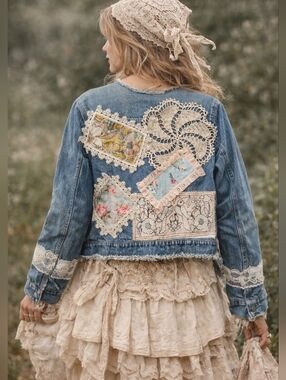 Boho Patchwork Jean Jacket Size S/M Denim Cropped Lace Embroidered Crochet
